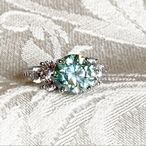 3.30 Carat VVS1 Sky Blue Moissanite Ring, Size 7